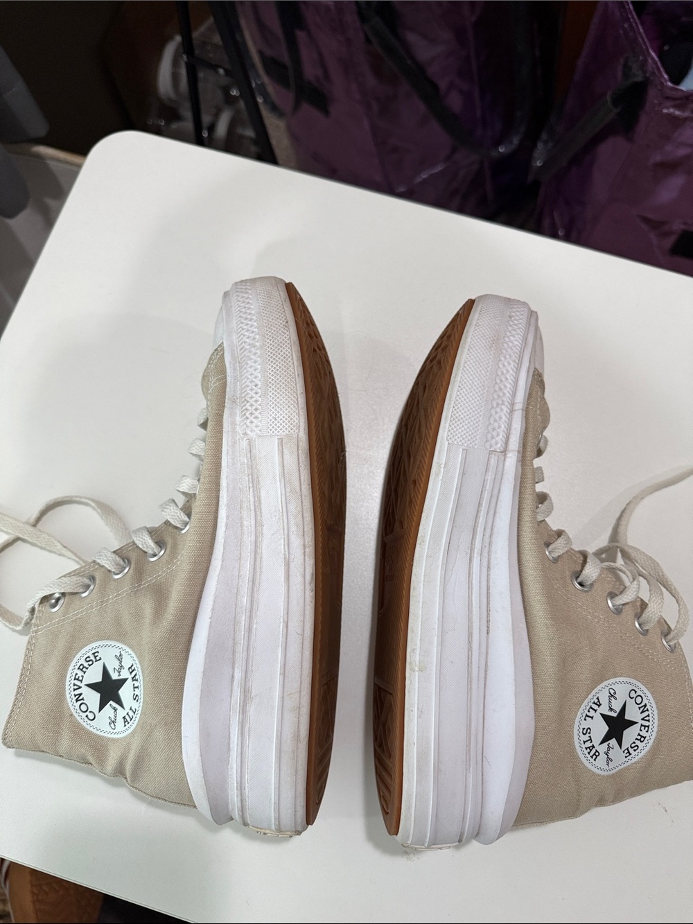 Converse All Star High Top Platform Sneakers in Beige and White - Picture 2 of 4